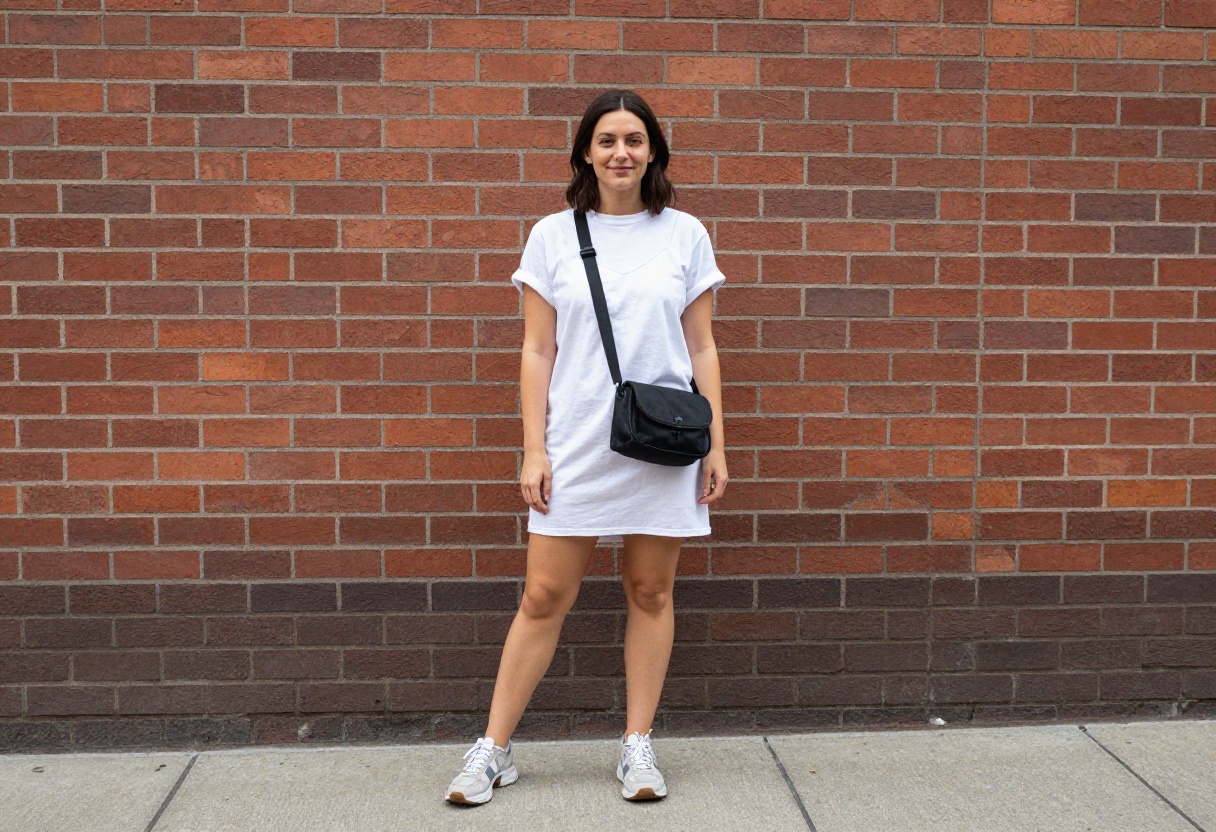 Woman wearing a 90s slip dress over a white tee with chunky sneakers