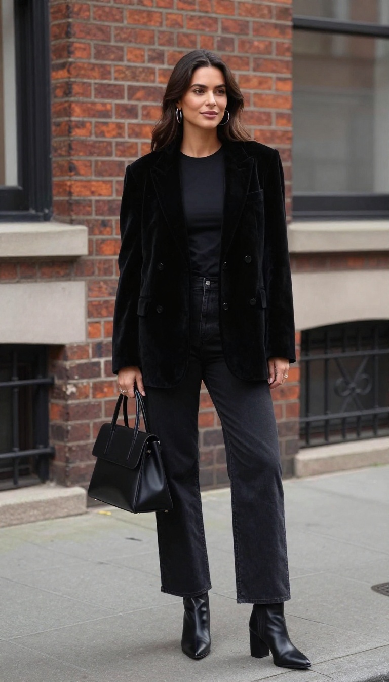 13. Velvet Blazer With Wide-Leg Jeans