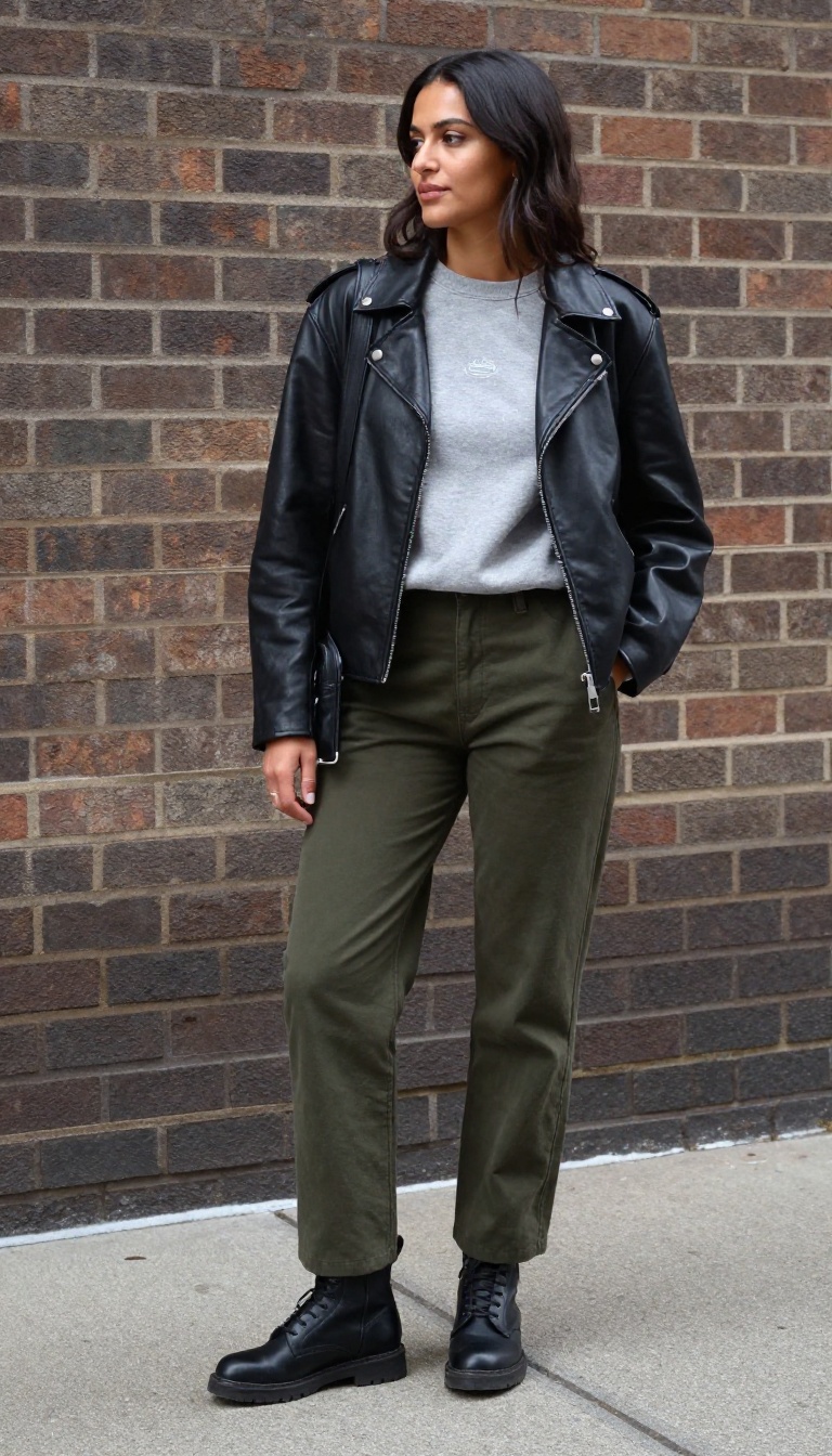7. Leather Jacket, Graphic Sweatshirt, and Straight-Leg Pants