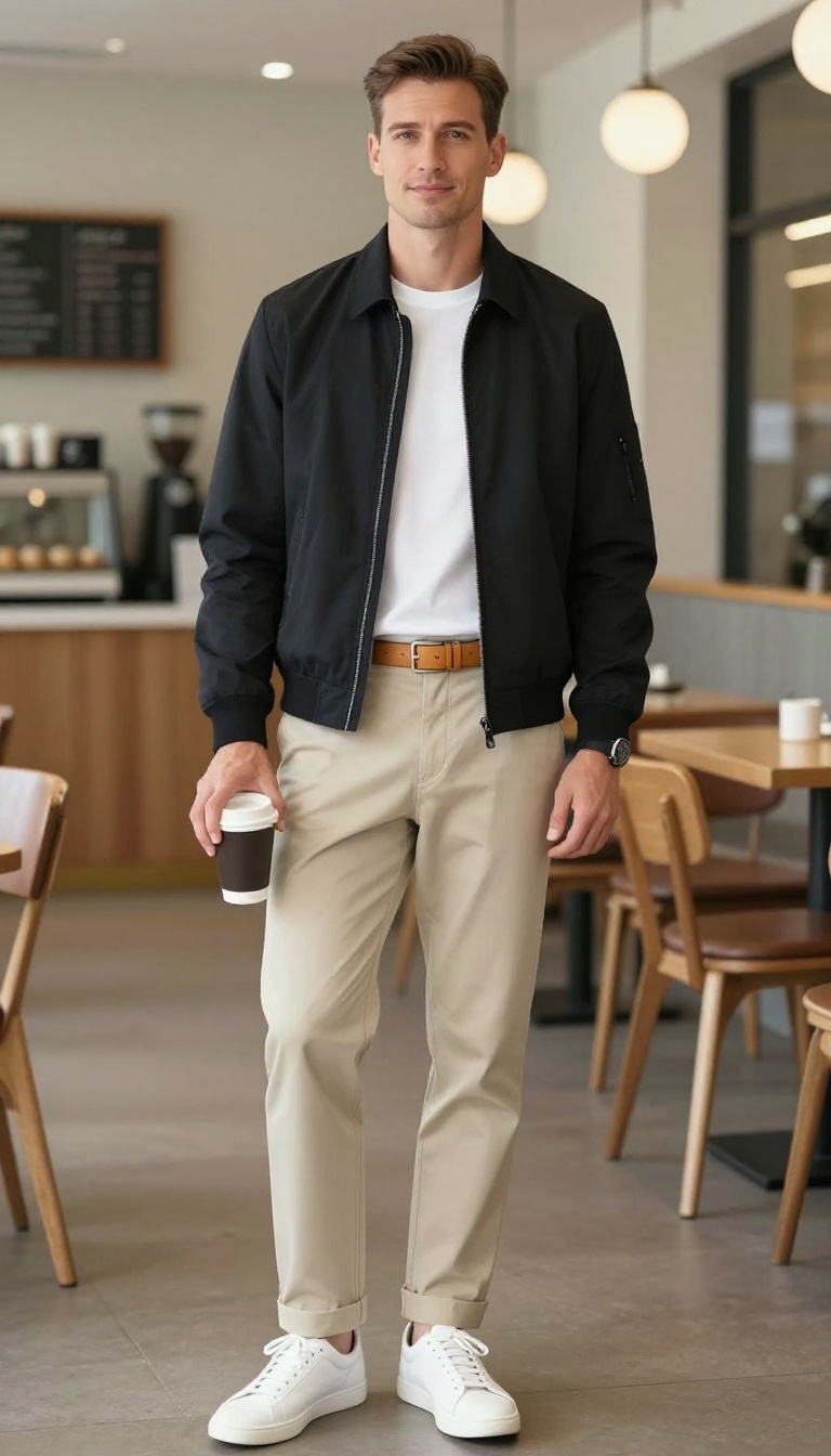 5. Black Bomber Jacket with Chinos