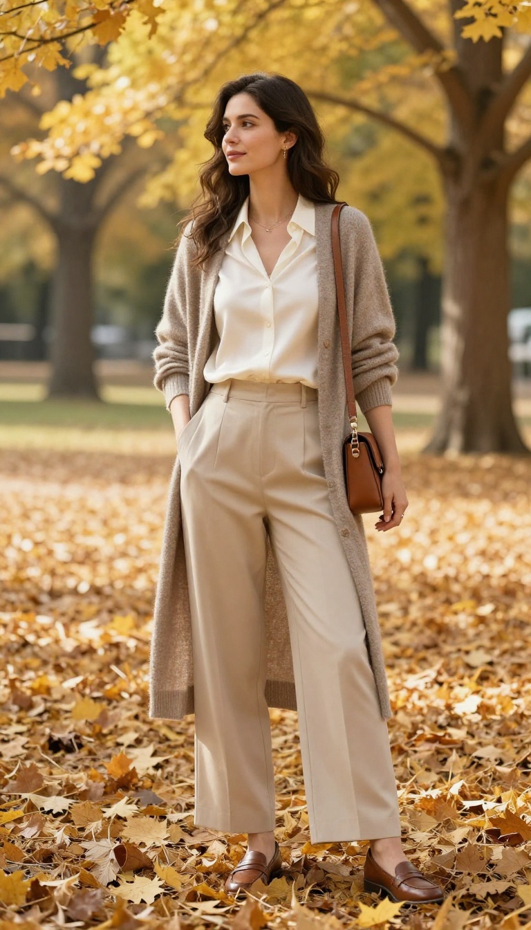 7. Long Cardigan With Silk Blouse and Wide-Leg Trousers
