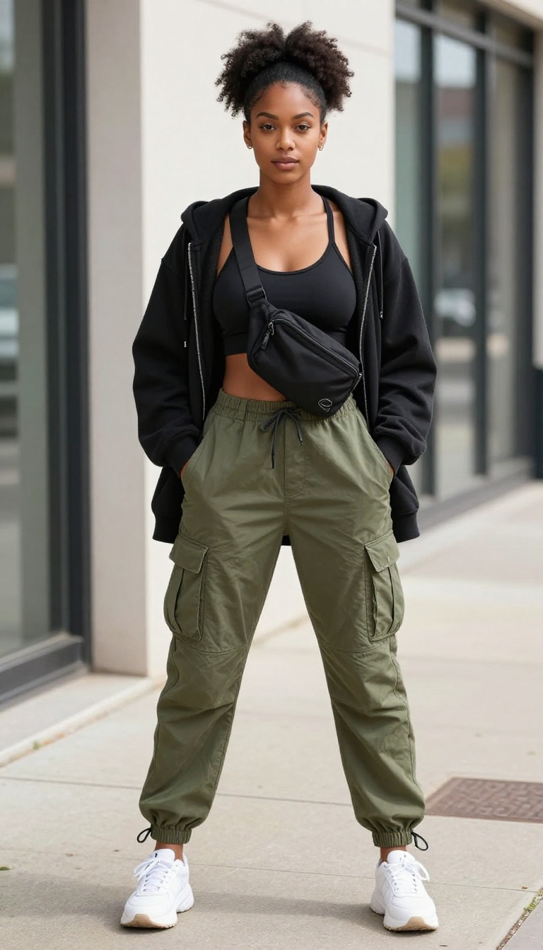 8. Cargo Pants + Sports Bra + Zip-Up Hoodie