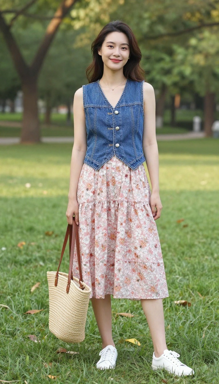 14. Midi Dress + Denim Vest