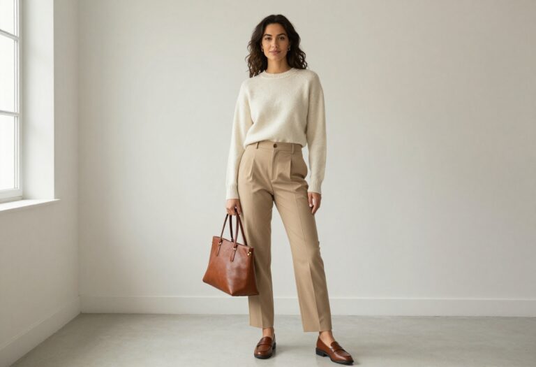 Woman wearing a cream cashmere sweater and tailored beige trousers with loafers, embodying quiet luxury.