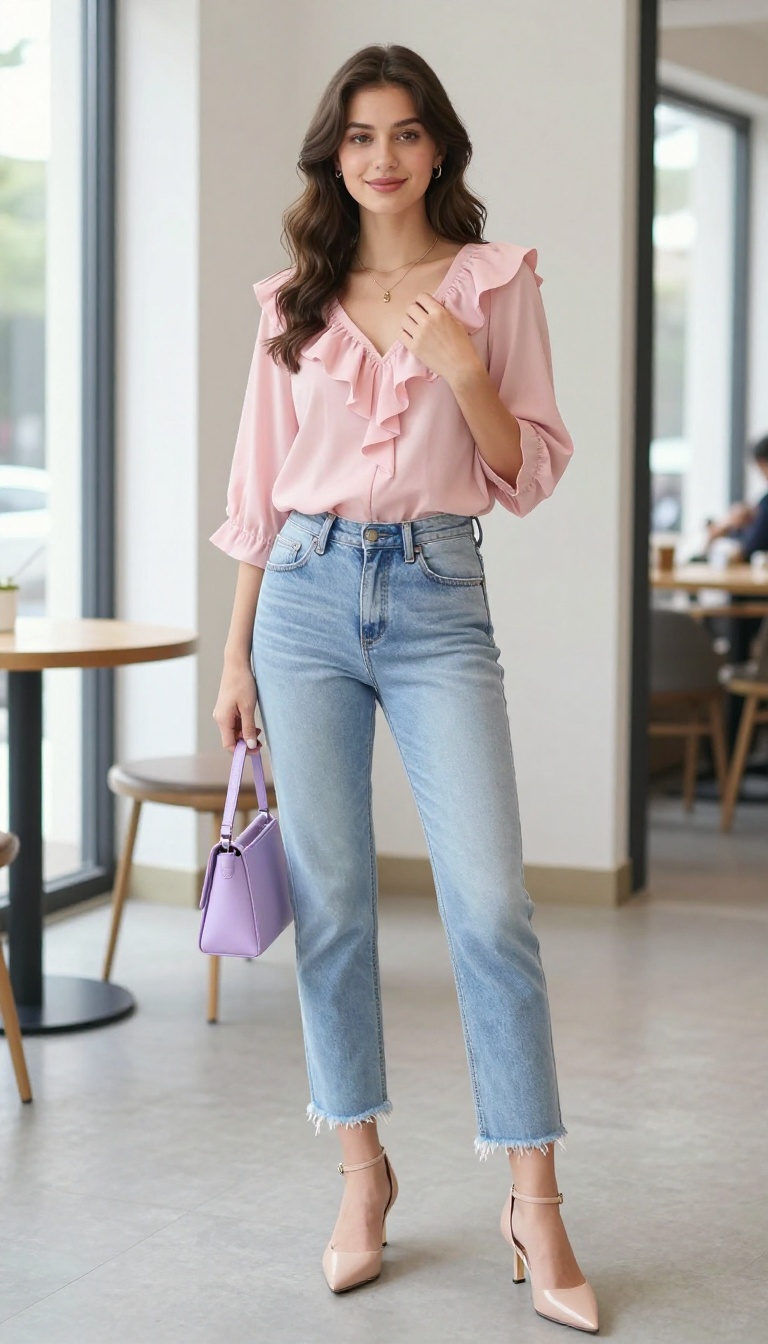 10. Ruffled Blouse + Frayed Hem Jeans + Kitten Heels