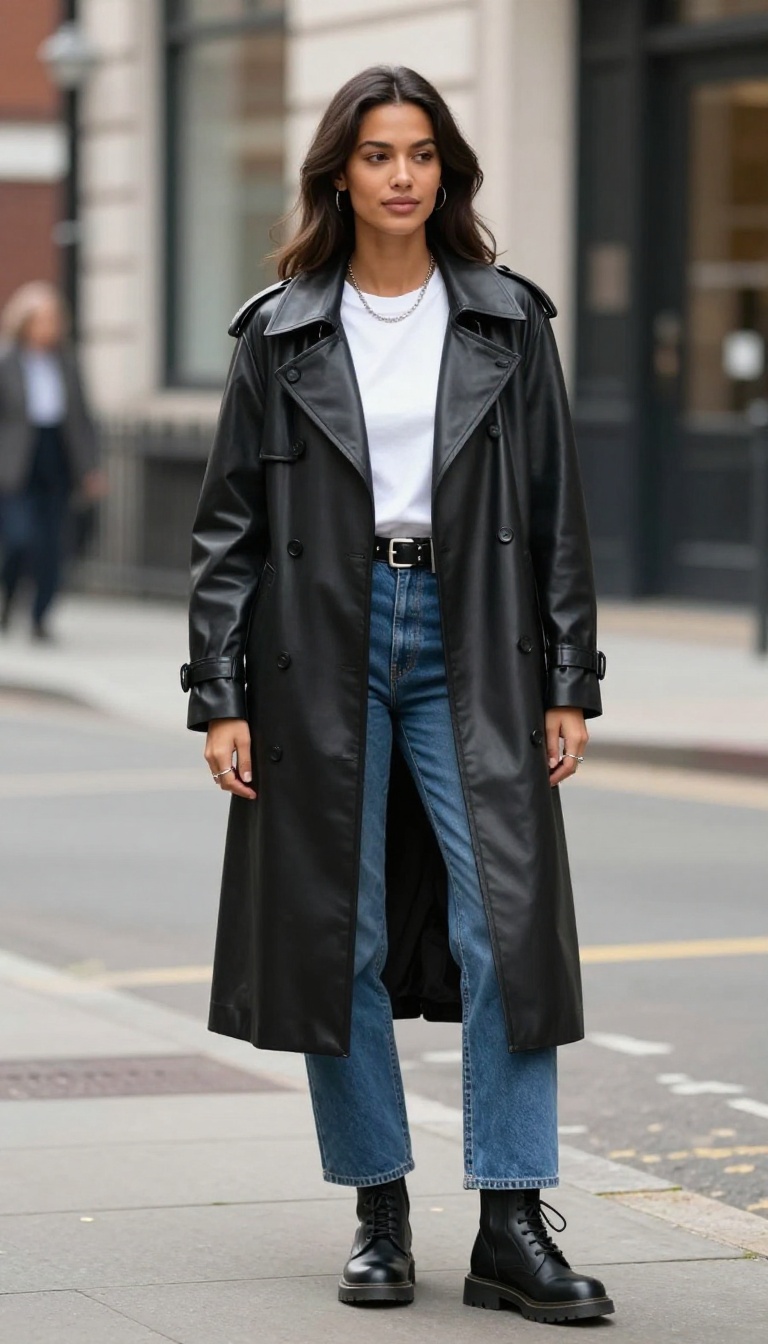 7. Leather Trench Coat With a Simple Tee and Jeans