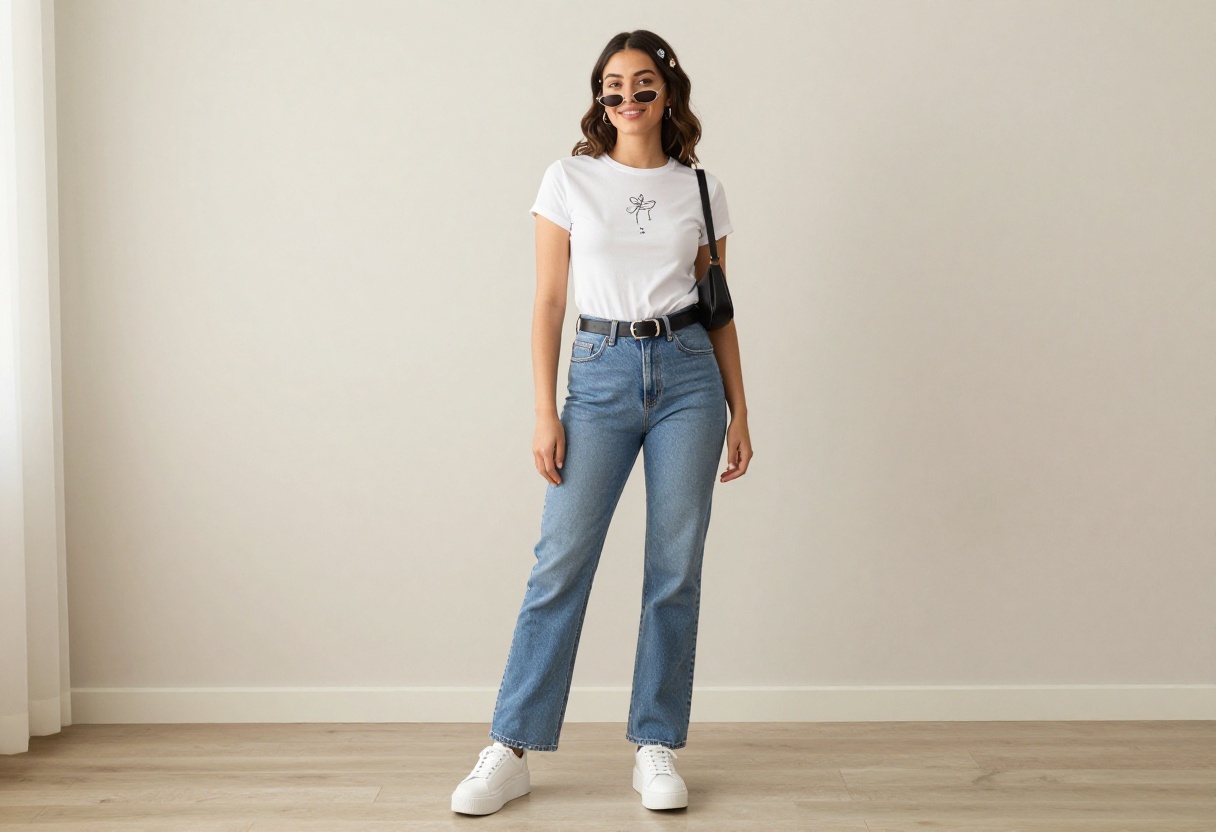 Woman wearing a Y2K outfit with baby tee and low-rise flared jeans, standing in a bright living room