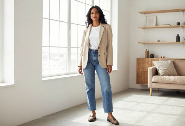 Woman in a beige blazer and jeans with loafers, embodying modern old money style