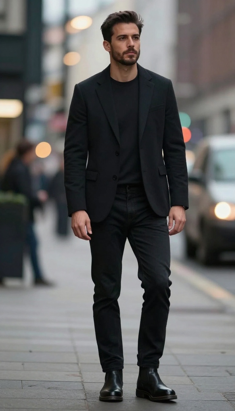 7. Black Blazer with Black Jeans and Chelsea Boots