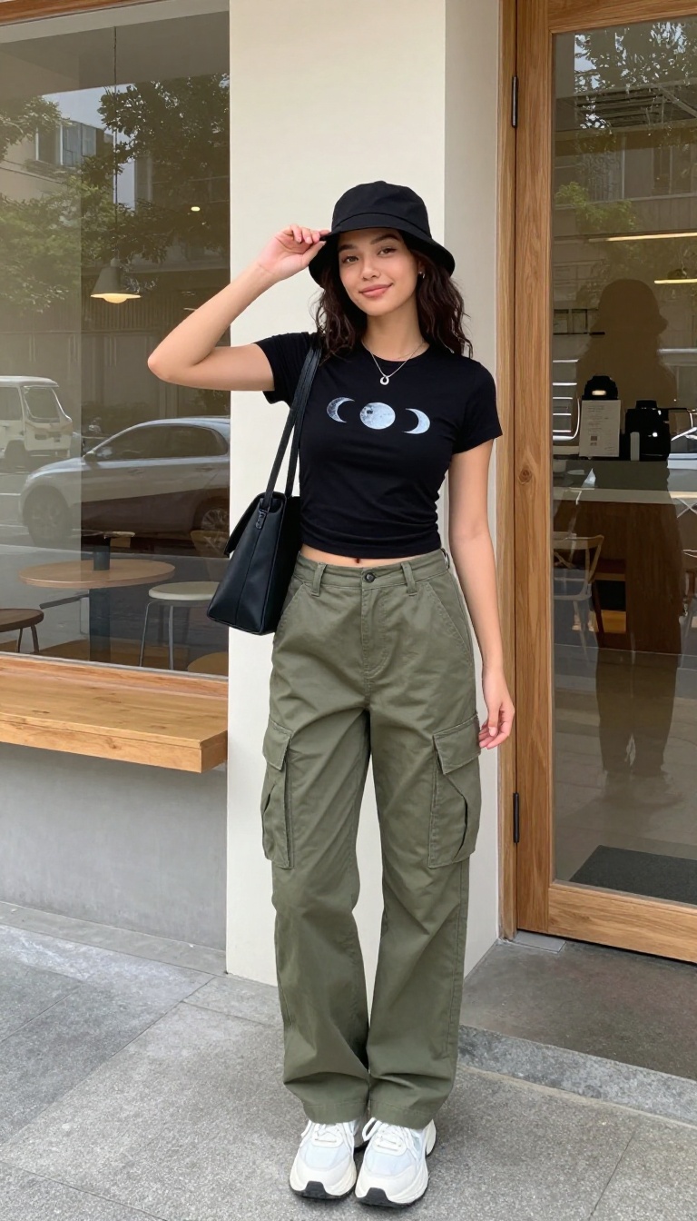 7. Witchy Graphic Tee + Cargo Pants + Bucket Hat
