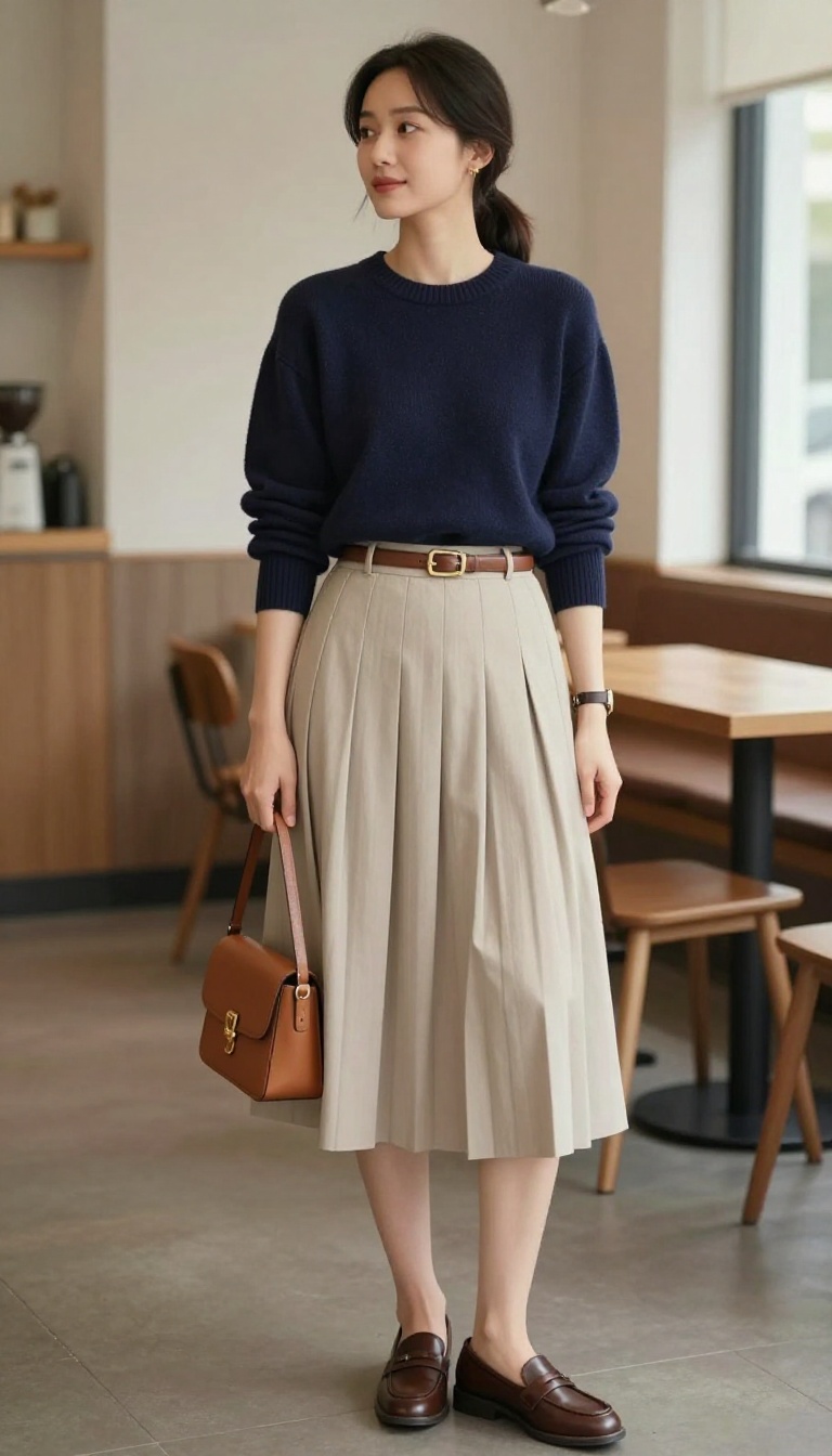 2. Navy Cashmere Sweater with Pleated Midi Skirt