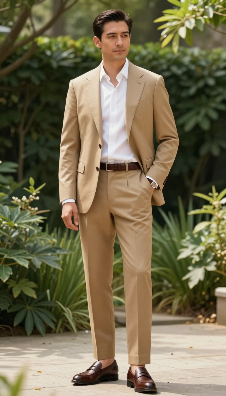15. Tan Suit with a White Shirt and Brown Accessories