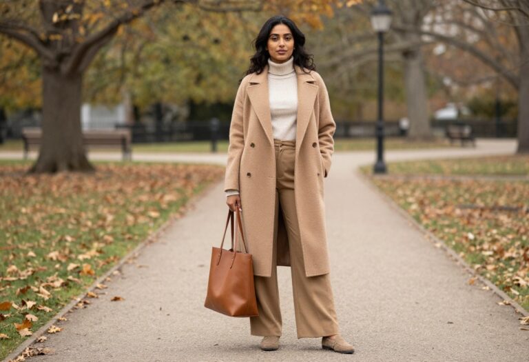 Woman in camel cashmere coat and wide-leg trousers standing in autumn park