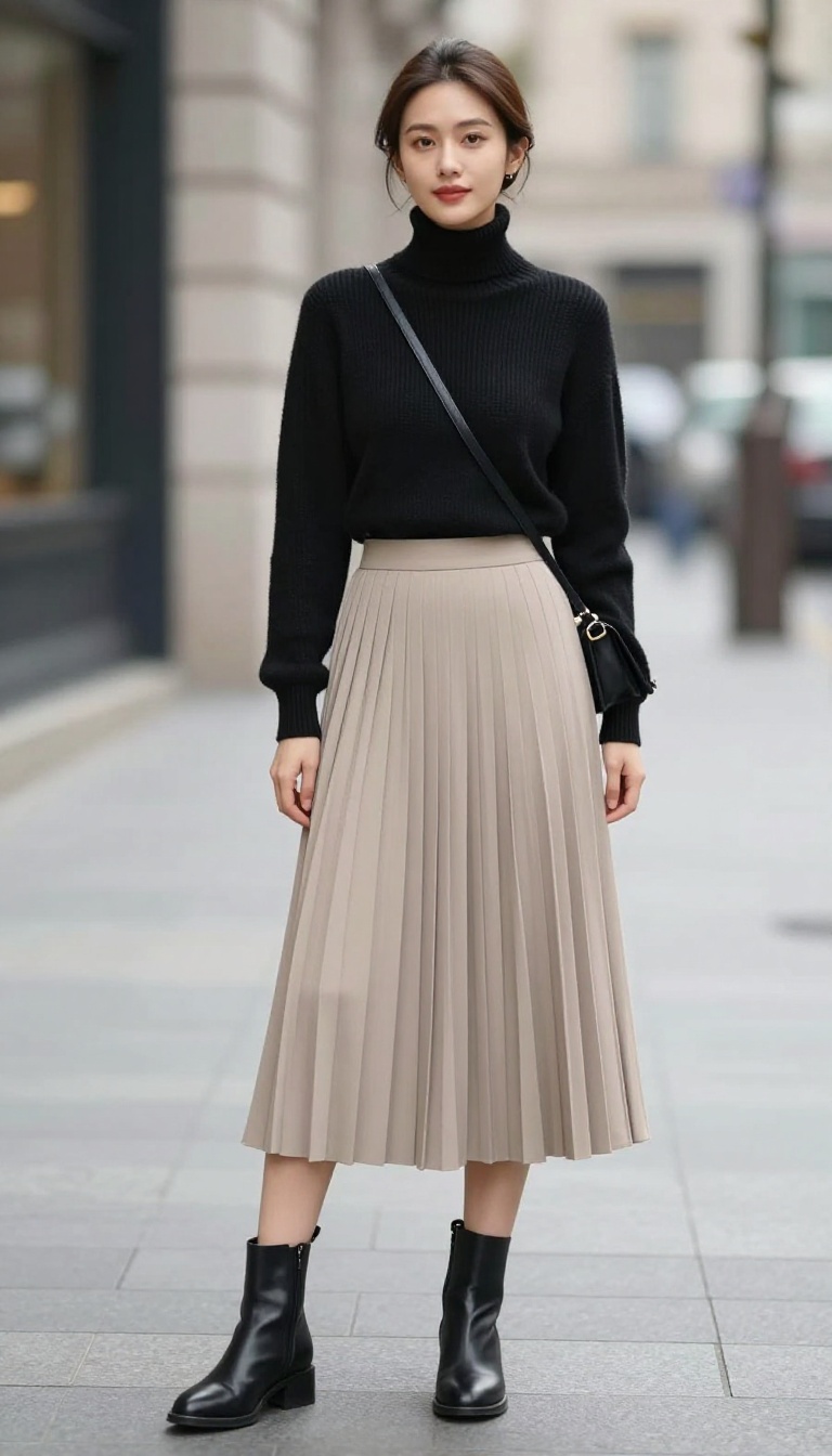 3. The Turtleneck and Pleated Midi Skirt