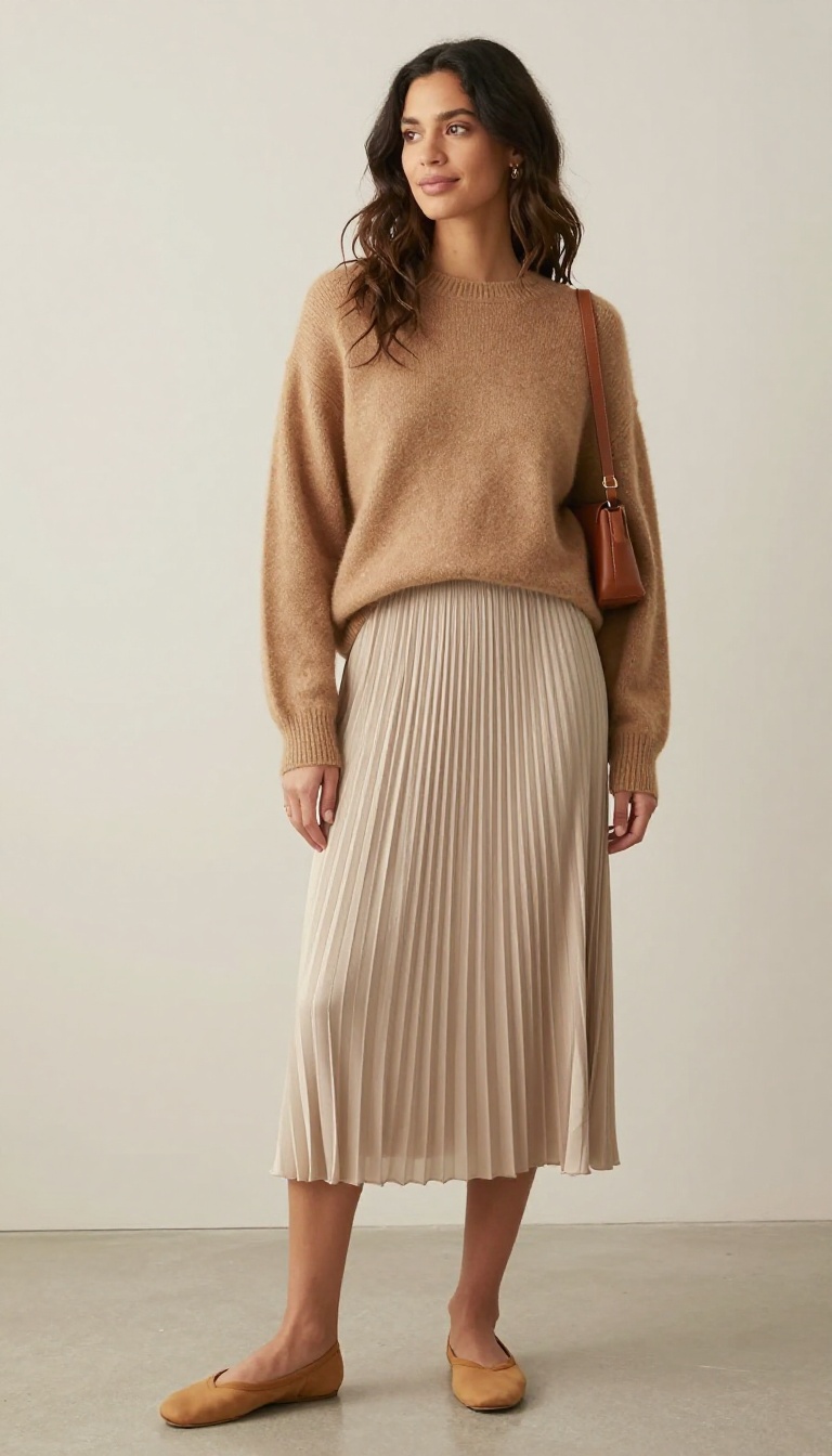 4. Camel Wool Sweater With Pleated Midi Skirt