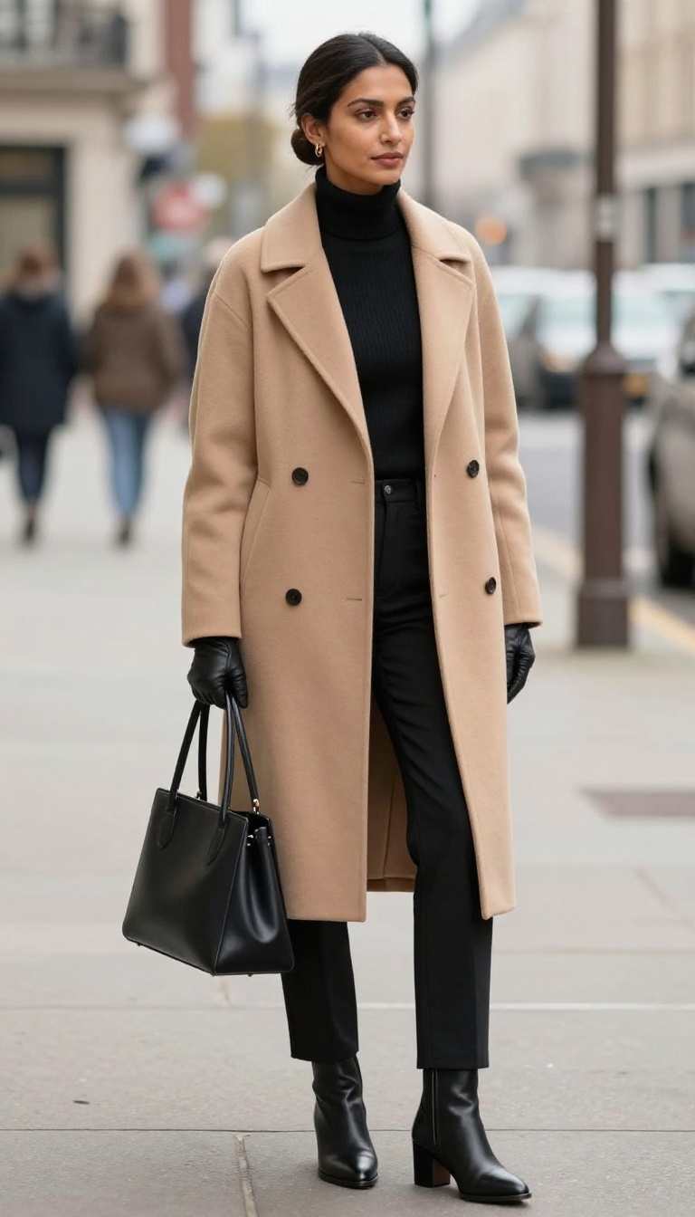 13. The Classic Camel Coat and Black Turtleneck