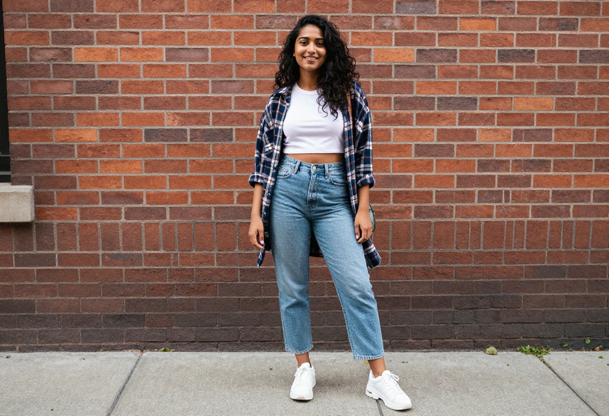 Woman in 90s outfit with mom jeans, crop top, and flannel, standing on a city street
