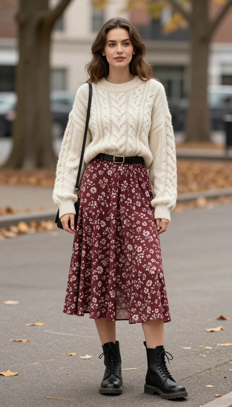 7. Midi Skirt + Chunky Sweater + Belt + Boots
