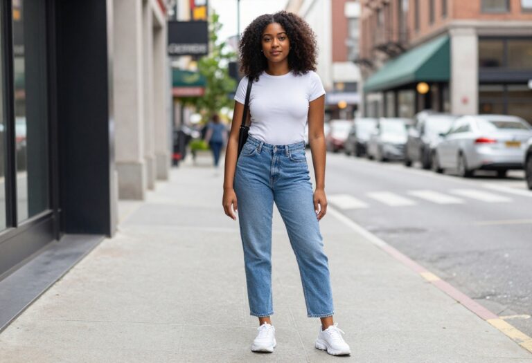 Woman wearing Y2K streetwear outfit with baggy jeans and baby tee