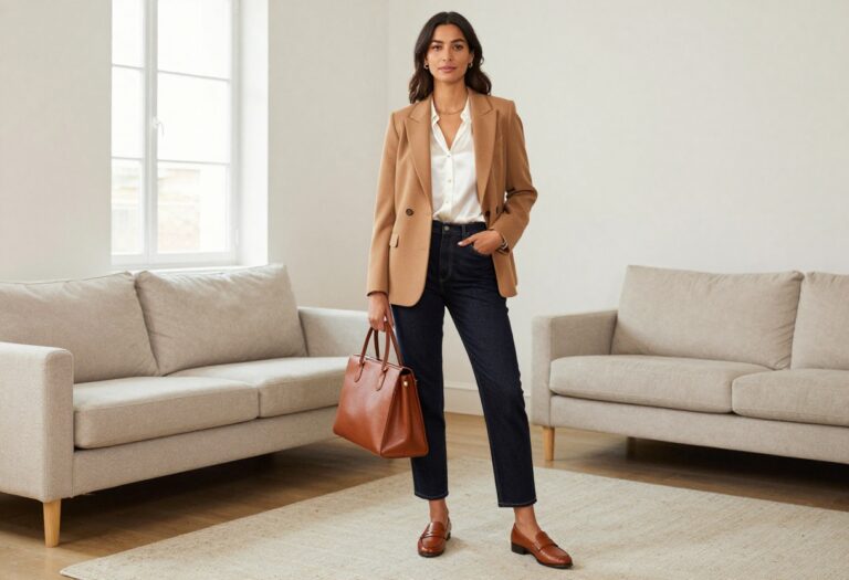 Woman wearing a camel blazer, white blouse, jeans, and loafers in a bright living room
