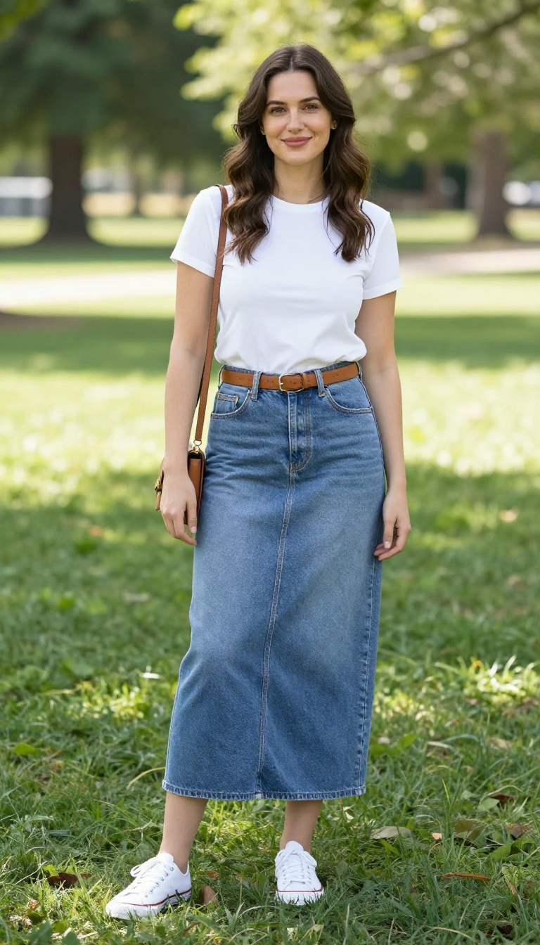 11. White Tee + Long Denim Skirt