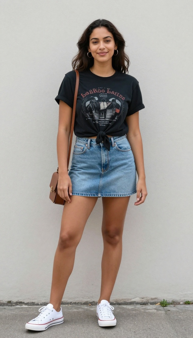 3. Denim Skirt with a Graphic Tee