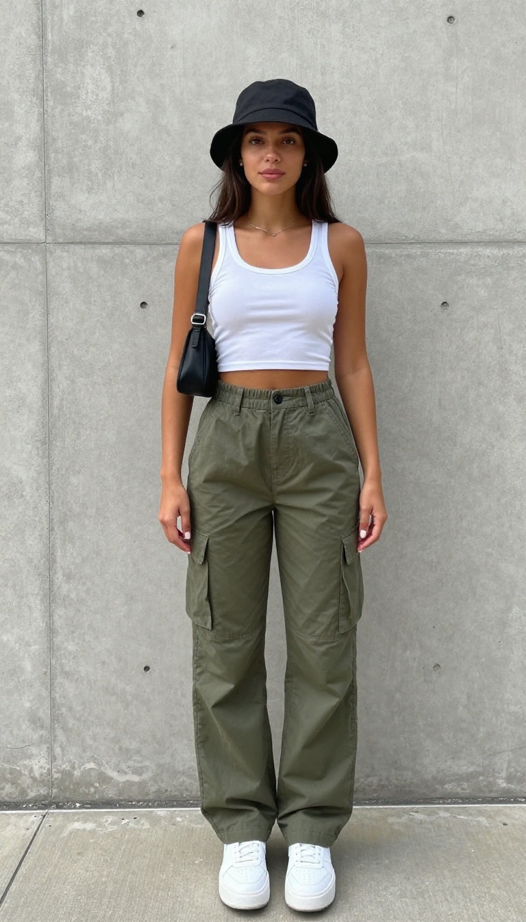 5. Cargo Pants and a Crop Top with a Bucket Hat