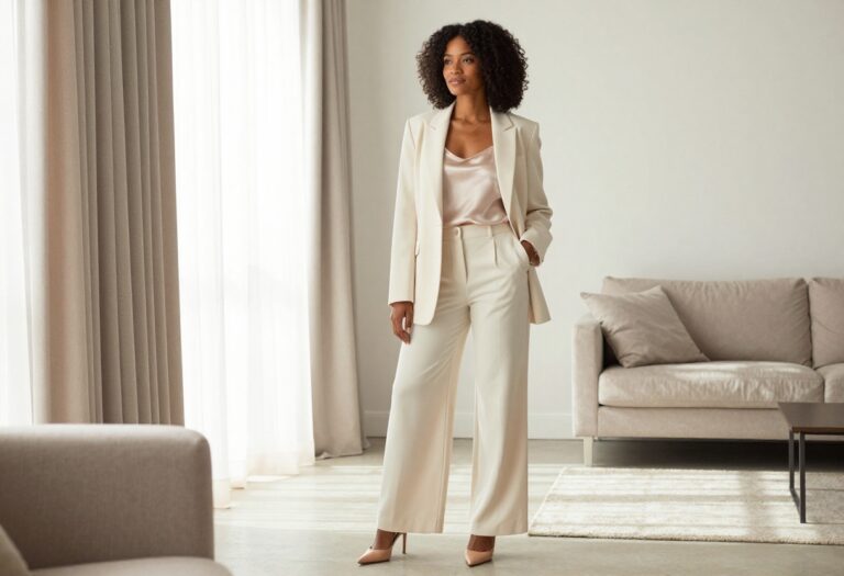 Black woman in old money style outfit with cream blazer and wide-leg trousers