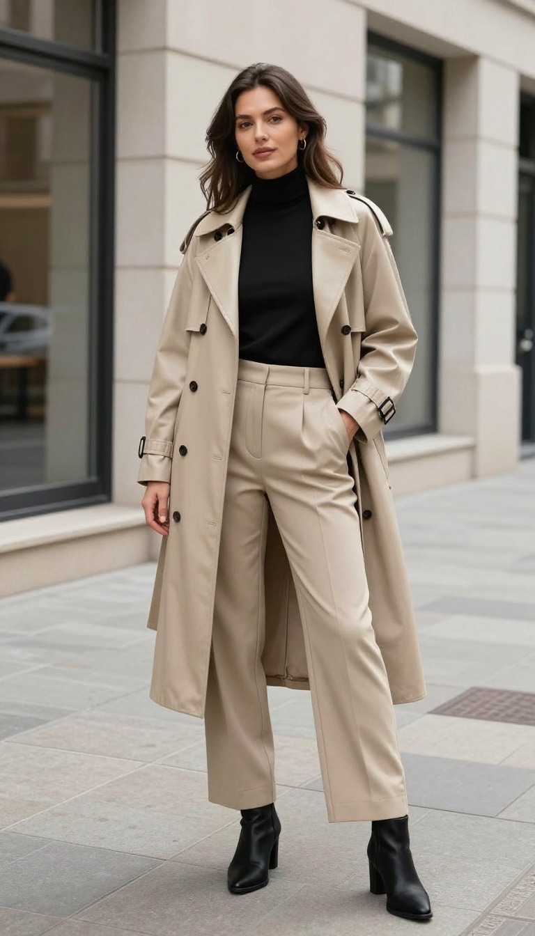 7. Leather Trench + Wide-Leg Trousers