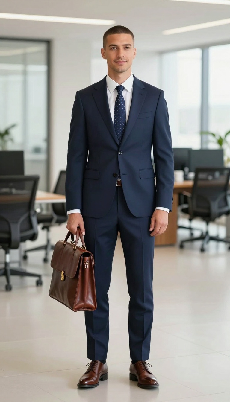 13. Navy Suit with a Polka Dot Tie and Brown Shoes