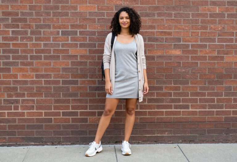 Woman in 90s inspired slip dress and cardigan with sneakers