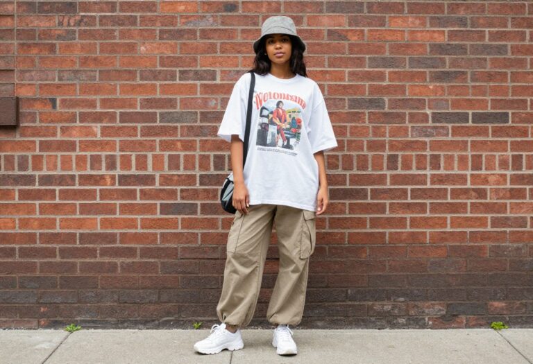 Woman in 90s hip hop outfit with oversized tee and cargo pants