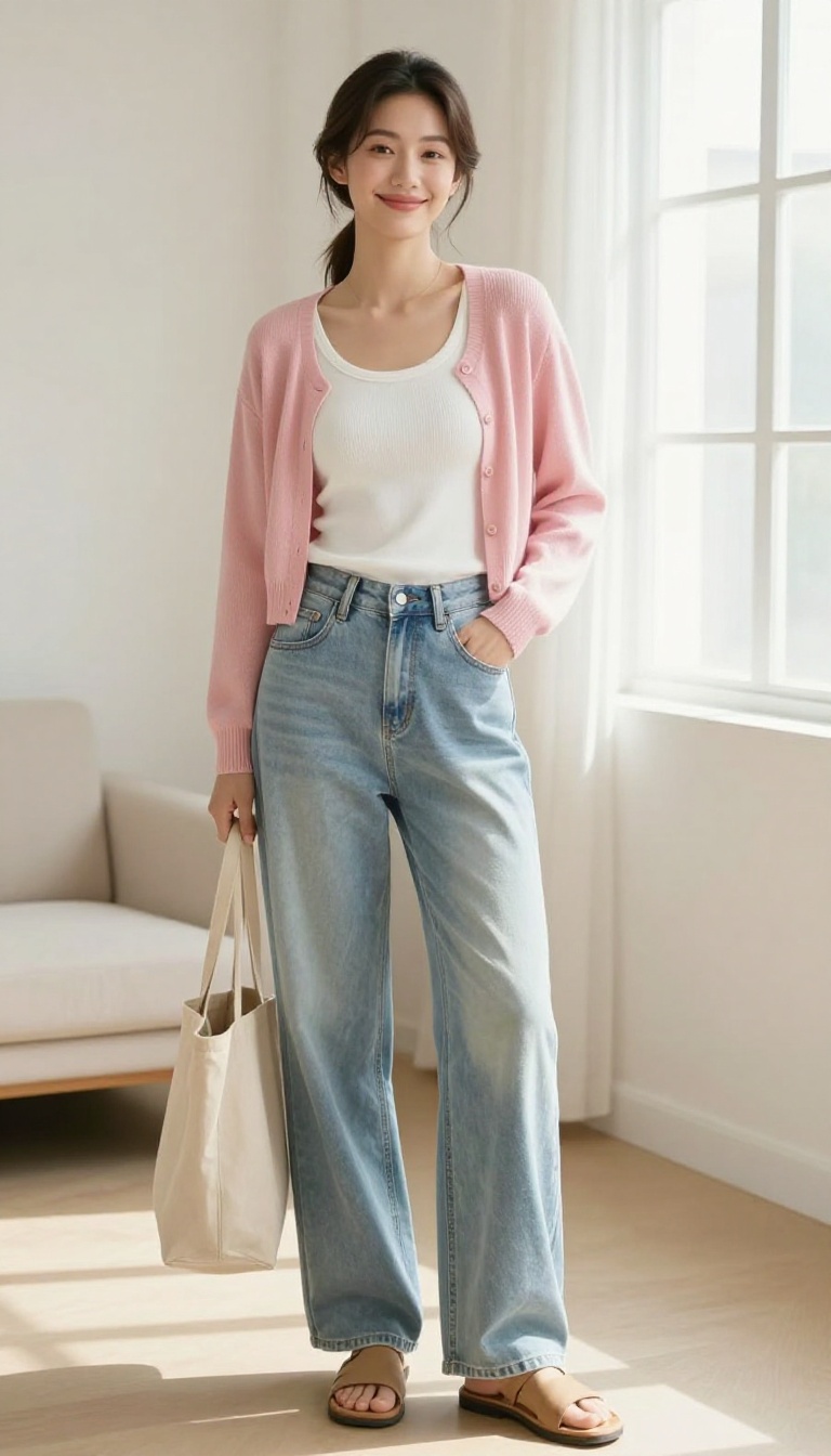6. Wide-Leg Jeans and a Fitted Cardigan