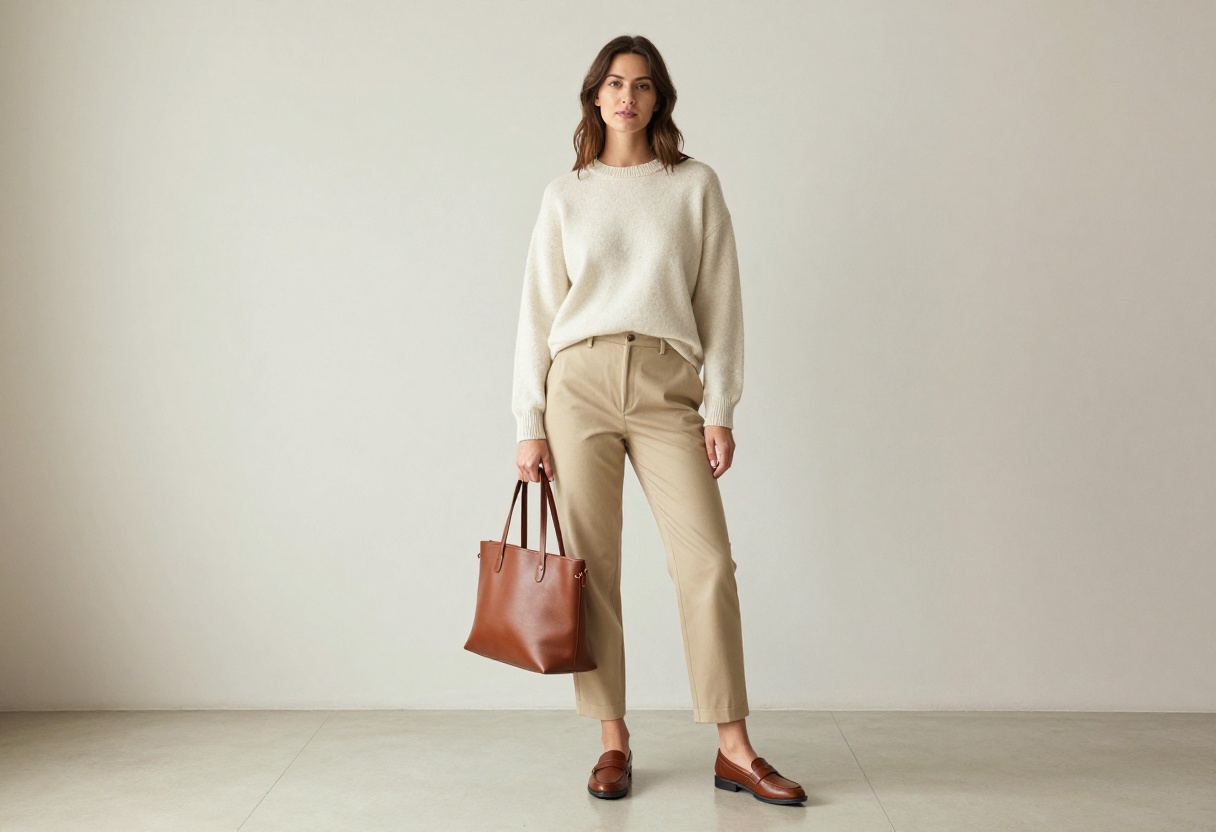 Woman wearing a cream sweater and tailored trousers in a bright living room