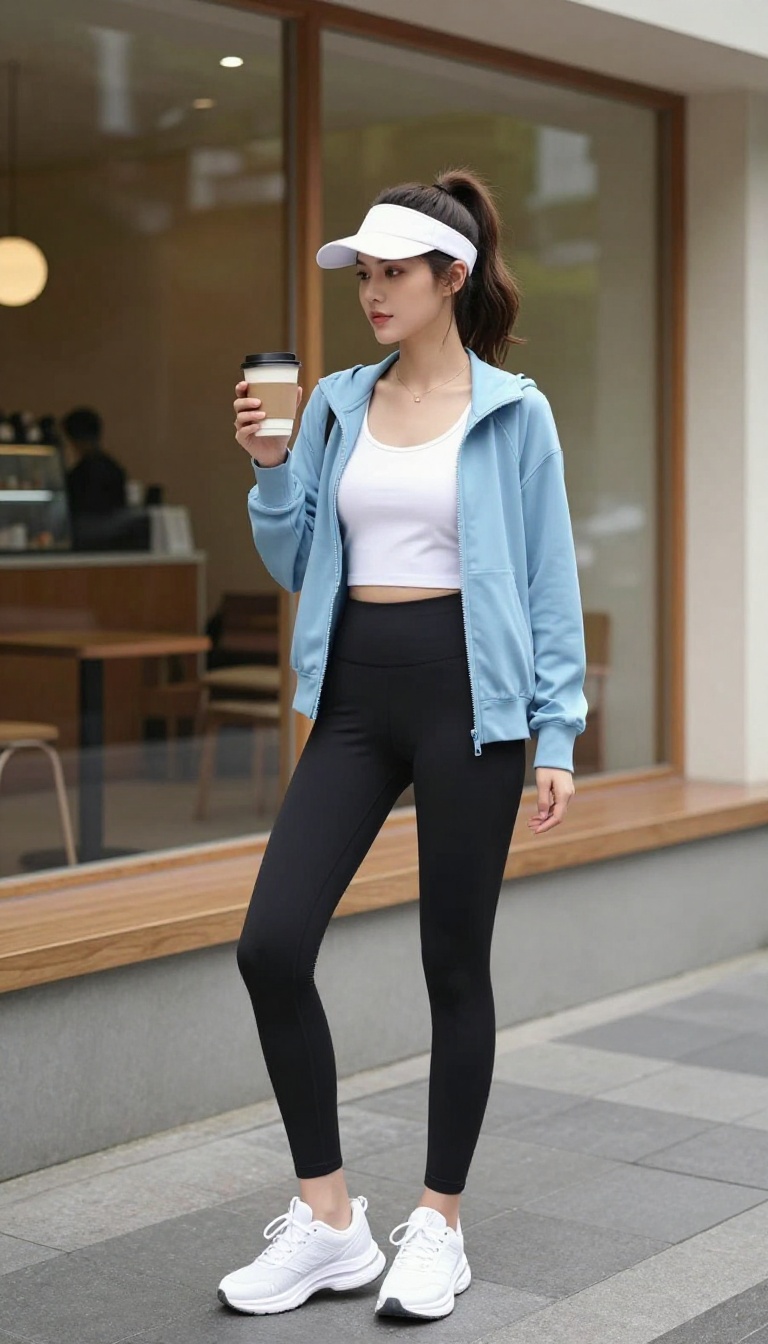 9. Tracksuit Jacket + Bike Shorts + Visor