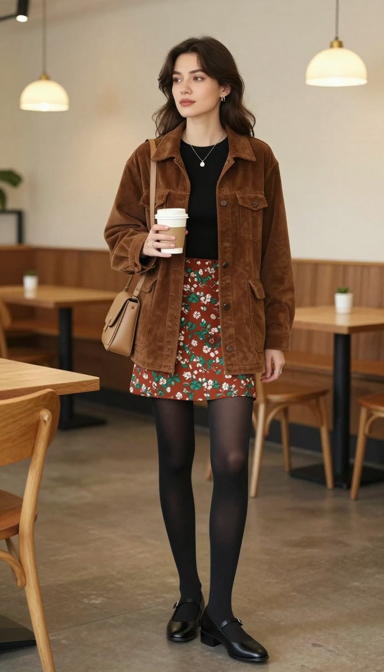 8. Corduroy Jacket + Midi Skirt + Mary Janes