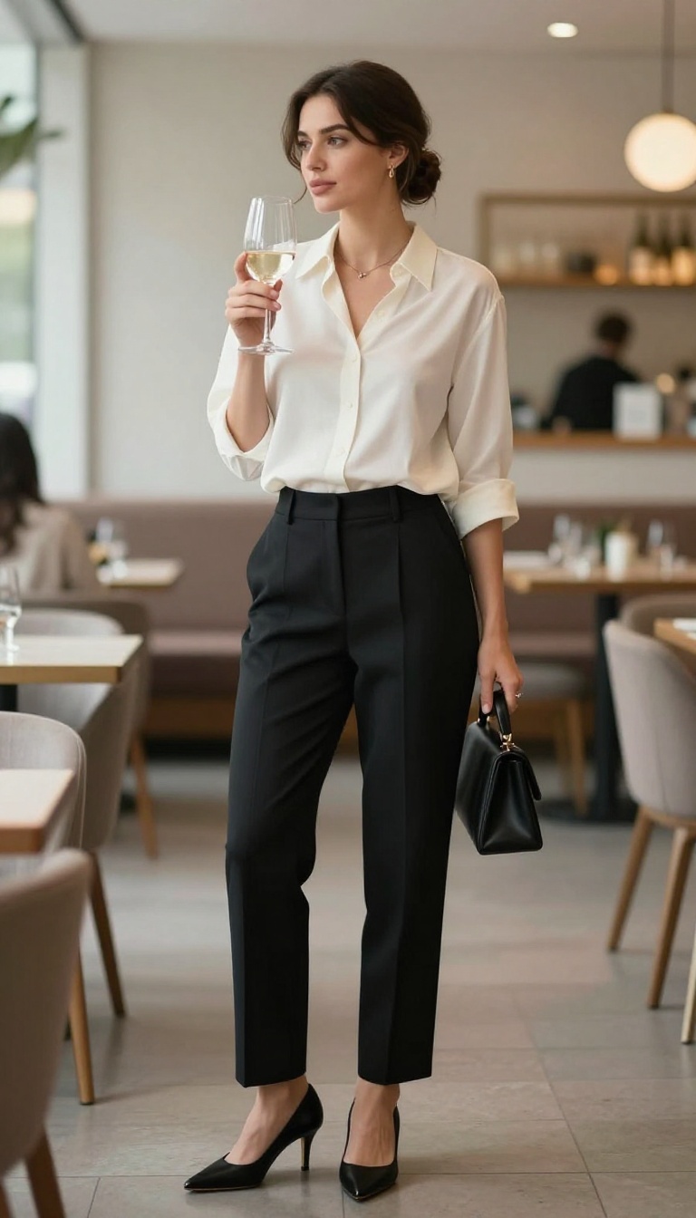 1. Ivory Silk Blouse & Tailored Black Trousers