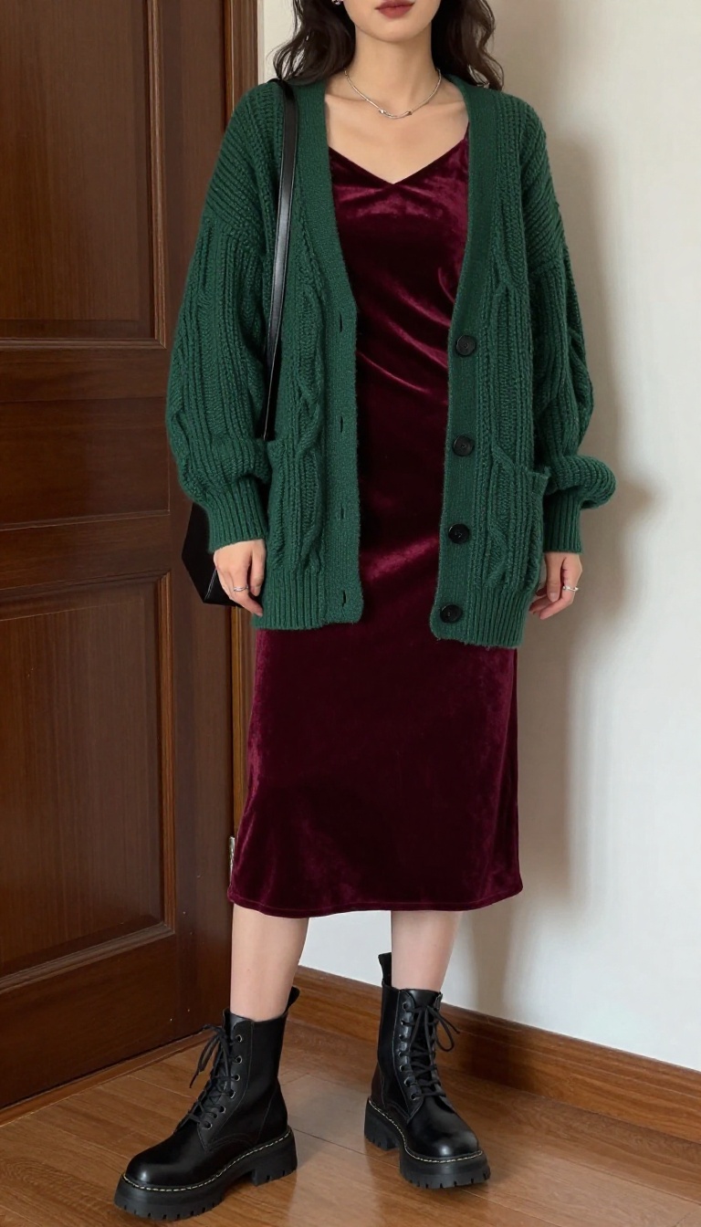 1. Velvet Slip Dress + Chunky Boots