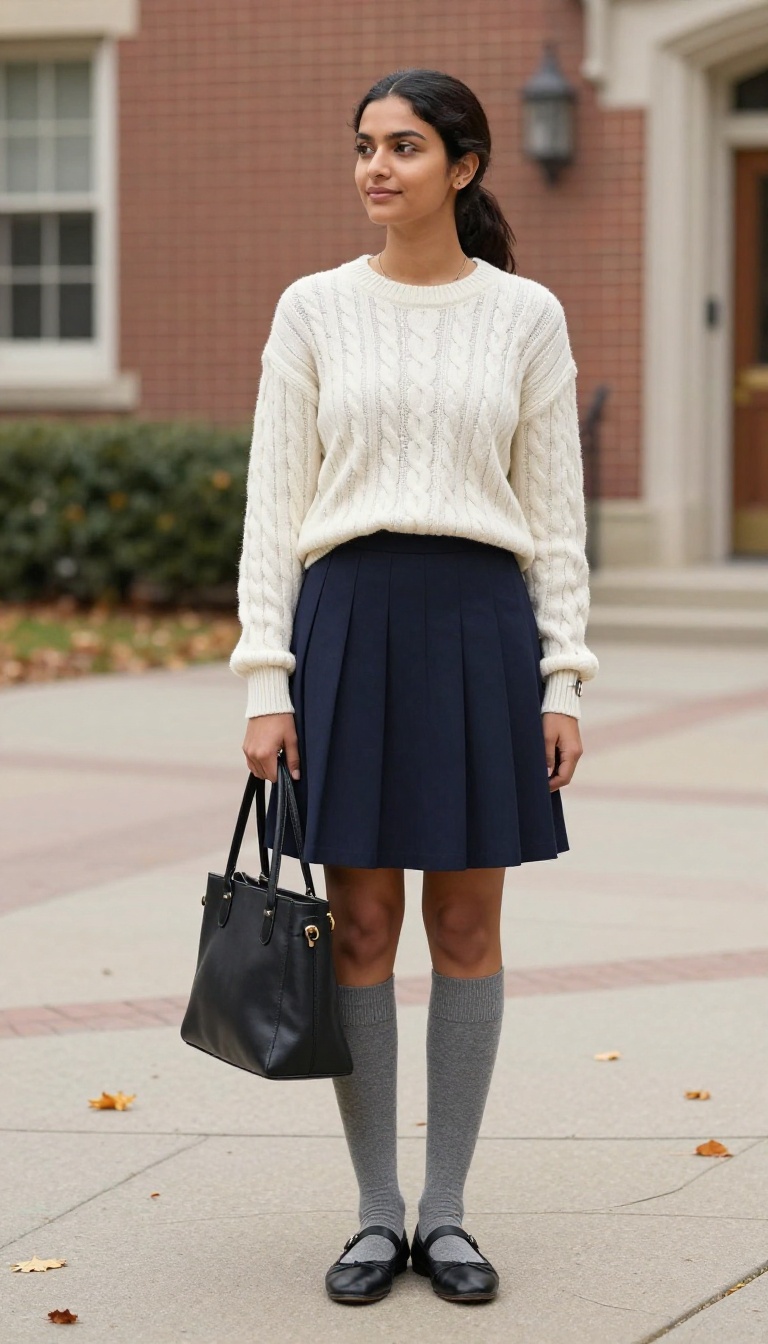 2. Cable Knit Sweater and Pleated Skirt