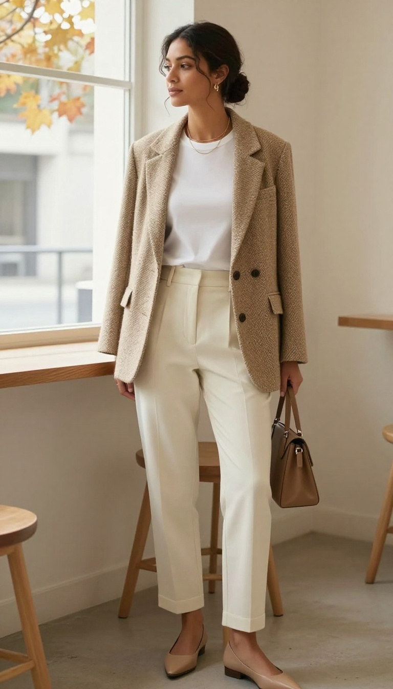 2. Tweed Blazer With White Tee and Tailored Trousers