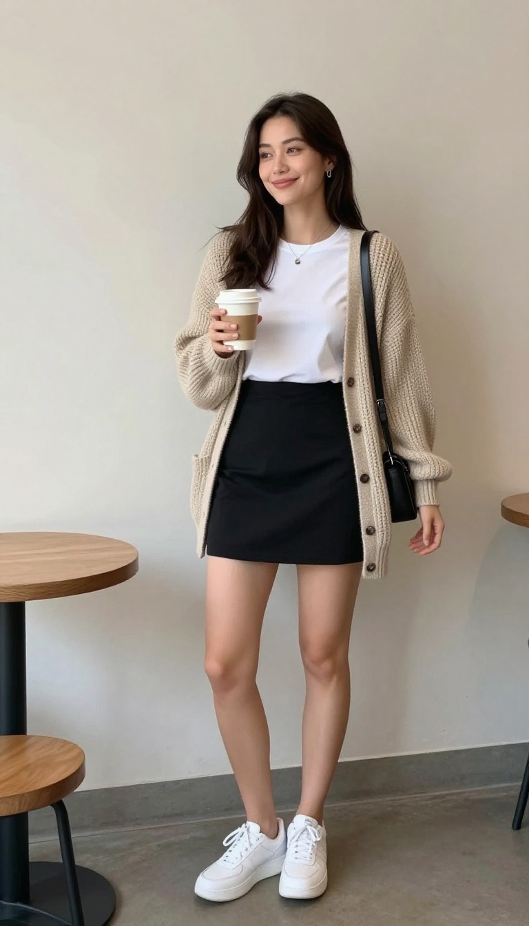 14. Black Mini Dress + Cardigan