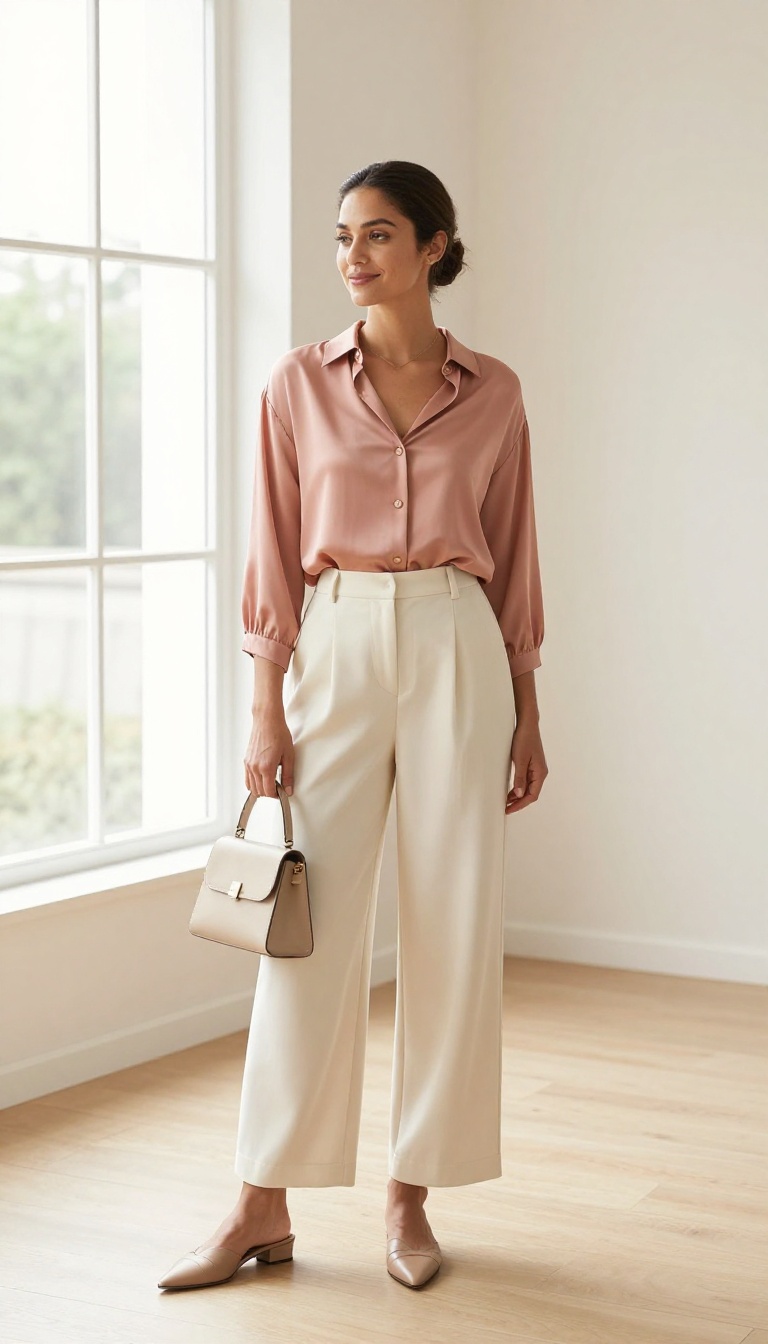 15. Silk Blouse With High-Waisted Trousers and Mules
