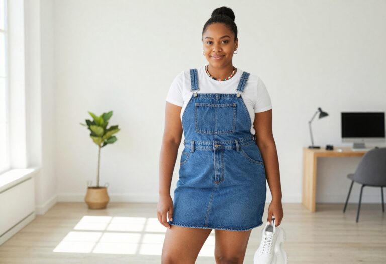 Plus size woman in Y2K outfit with low-rise denim skirt and baby tee