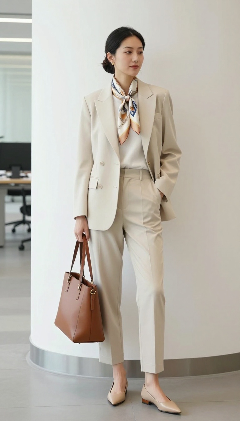 7. Blazer + Silk Scarf + Cropped Trousers