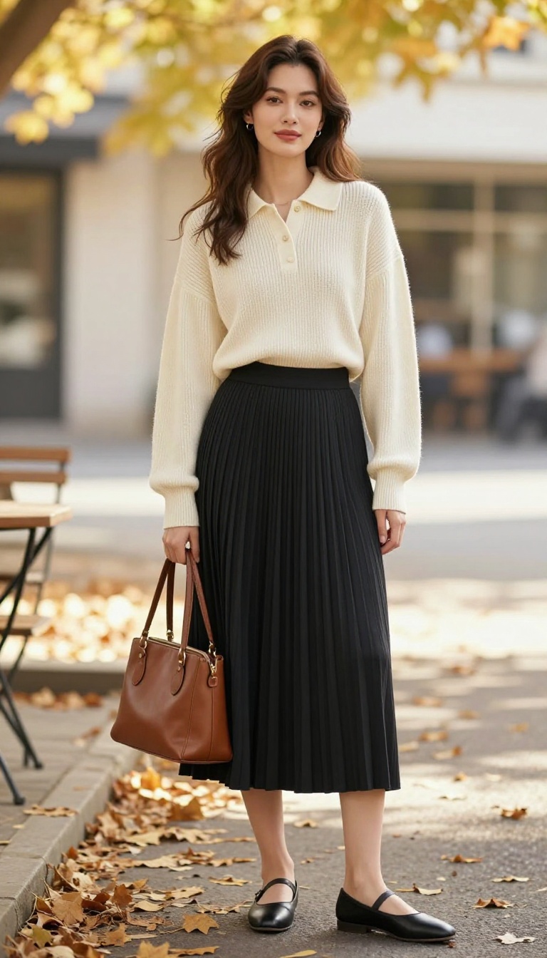 13. Knit Polo with Pleated Skirt and Ballet Flats