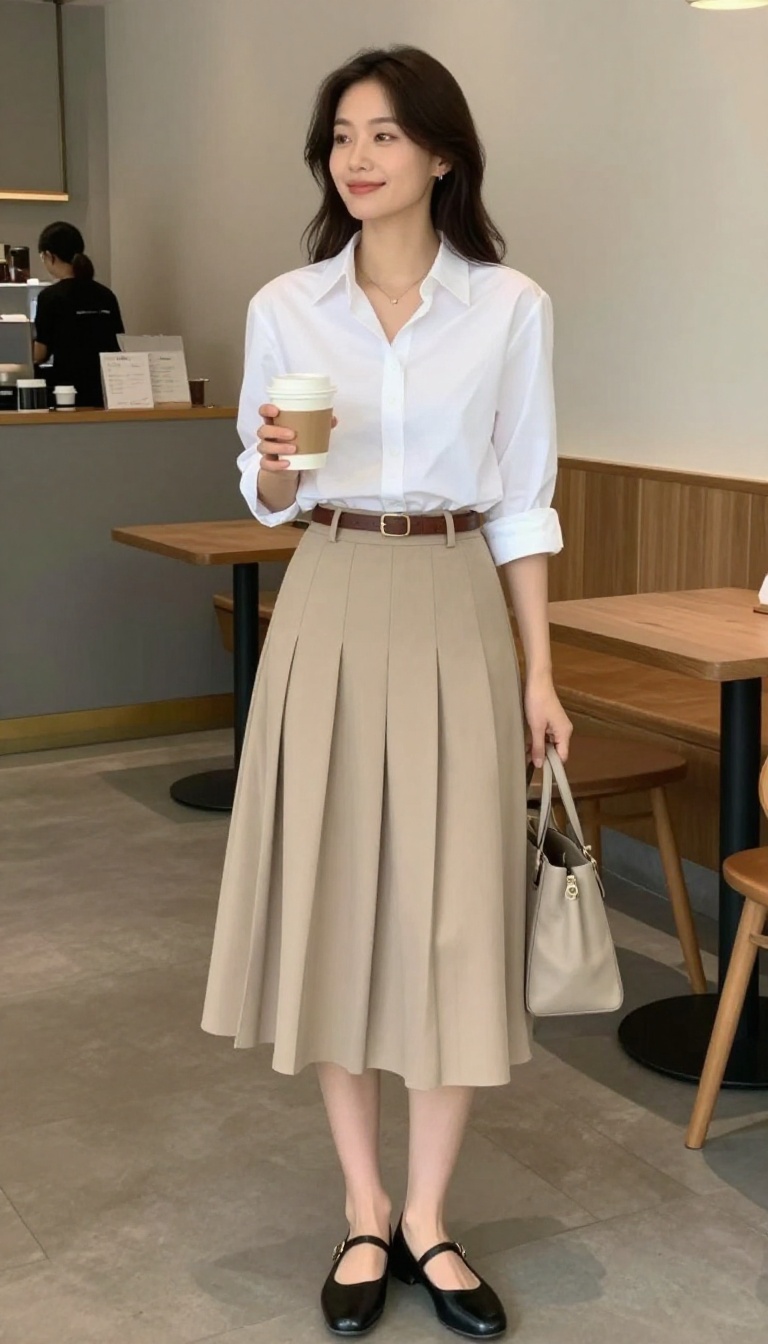 5. The White Button-Down and Pleated Skirt