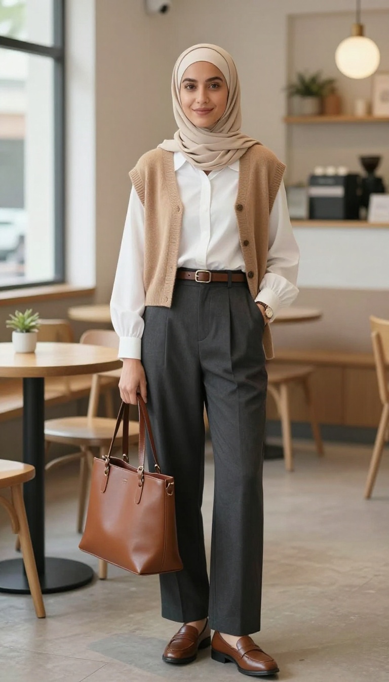 8. Sweater Vest + Blouse + Pleated Trousers
