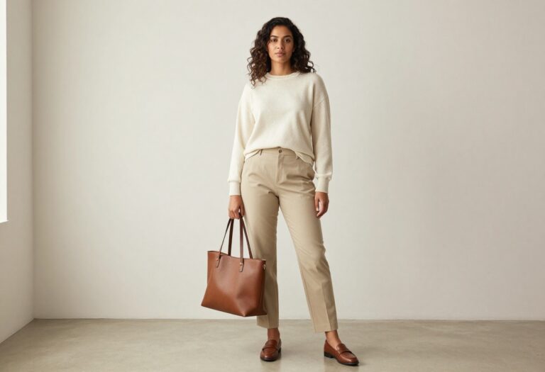 Woman in cream sweater and beige trousers with loafers, casual old money style