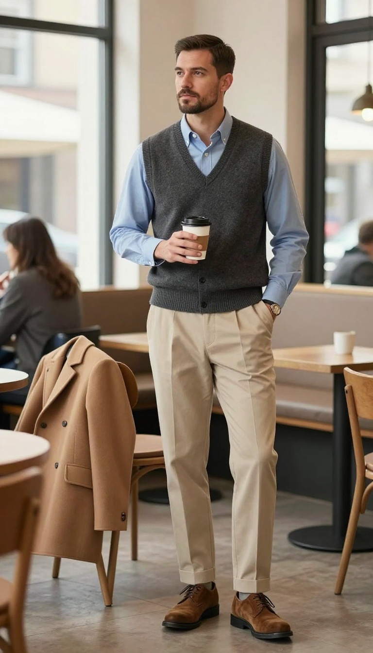 12. The Wool Sweater Vest with Long-Sleeve Shirt and Pleated Trousers