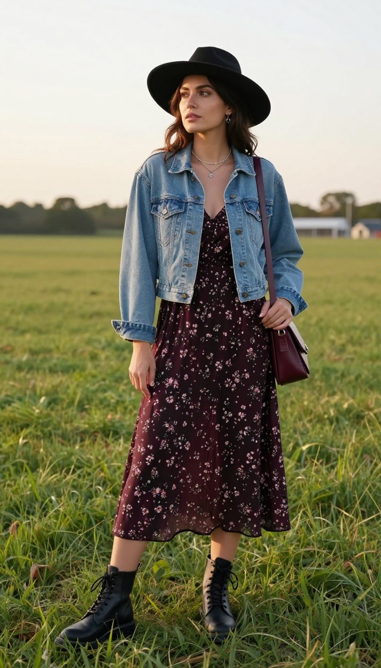 5. Dark Floral Maxi Dress + Denim Jacket